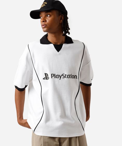 camiseta masculina com gola e nervuras playstation oversized off white