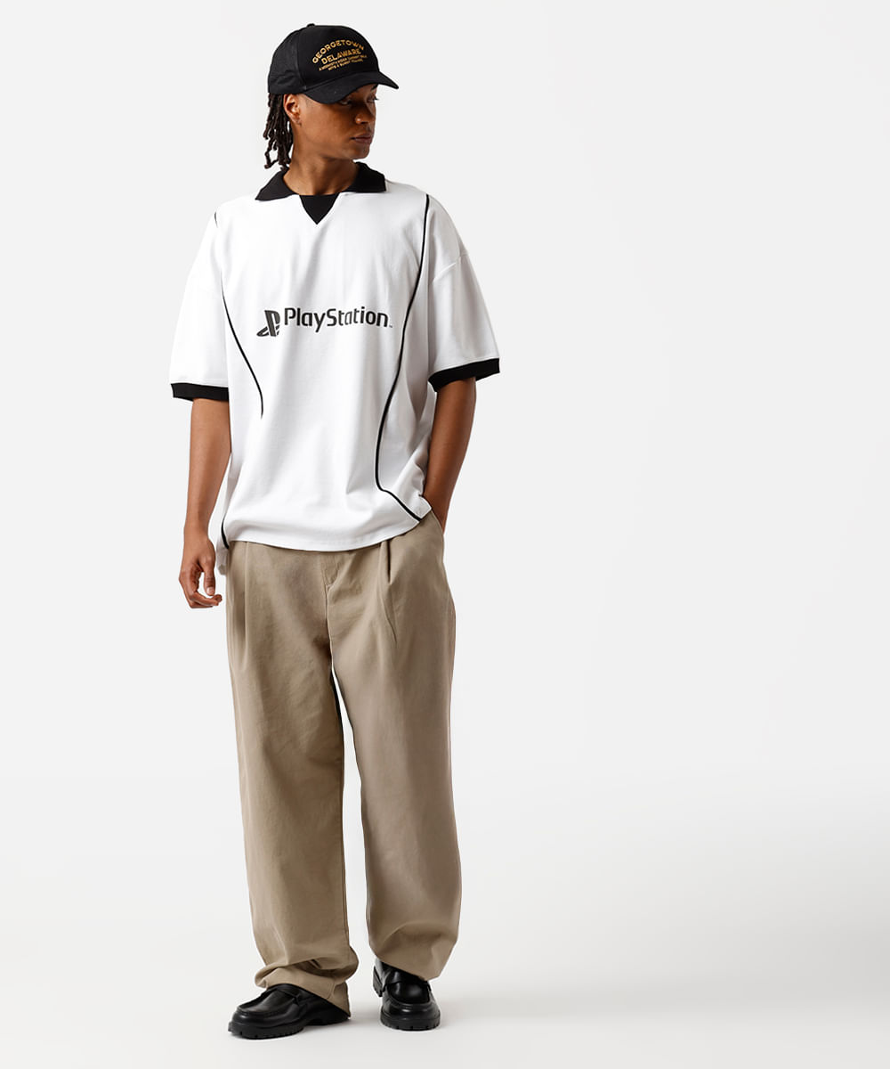 camiseta masculina com gola e nervuras playstation oversized off white