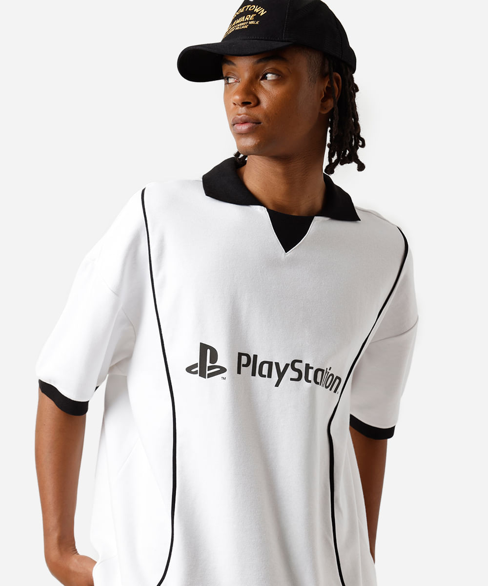camiseta masculina com gola e nervuras playstation oversized off white