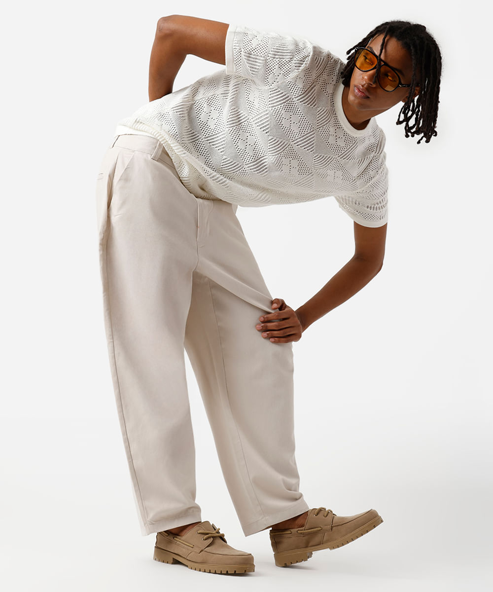 calça barrel chino masculina de sarja bege