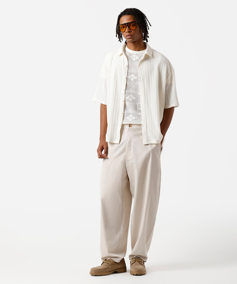 calça barrel chino masculina de sarja bege