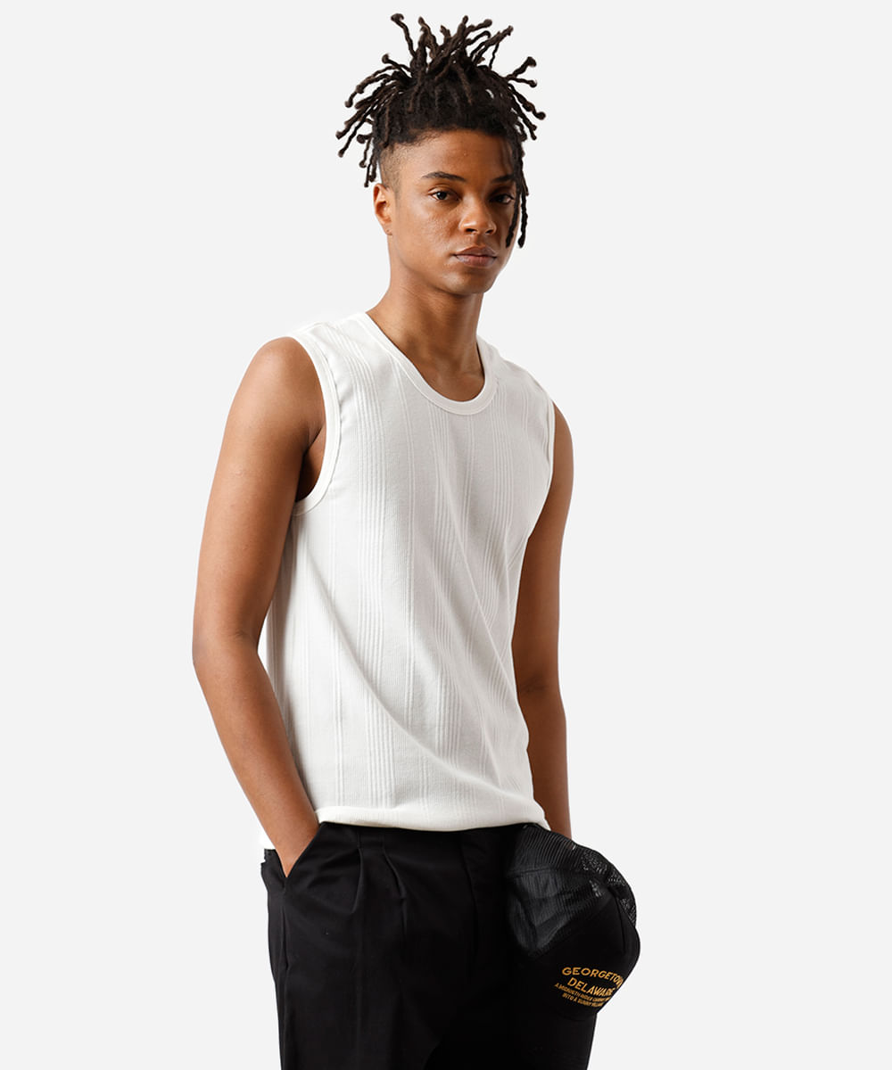 regata masculina com algodão canelada off white