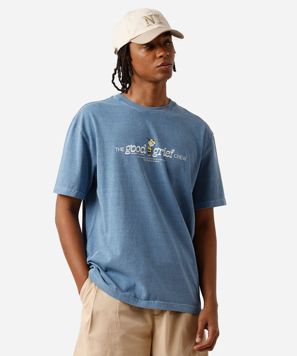 camiseta masculina de algodão estonada snoopy azul