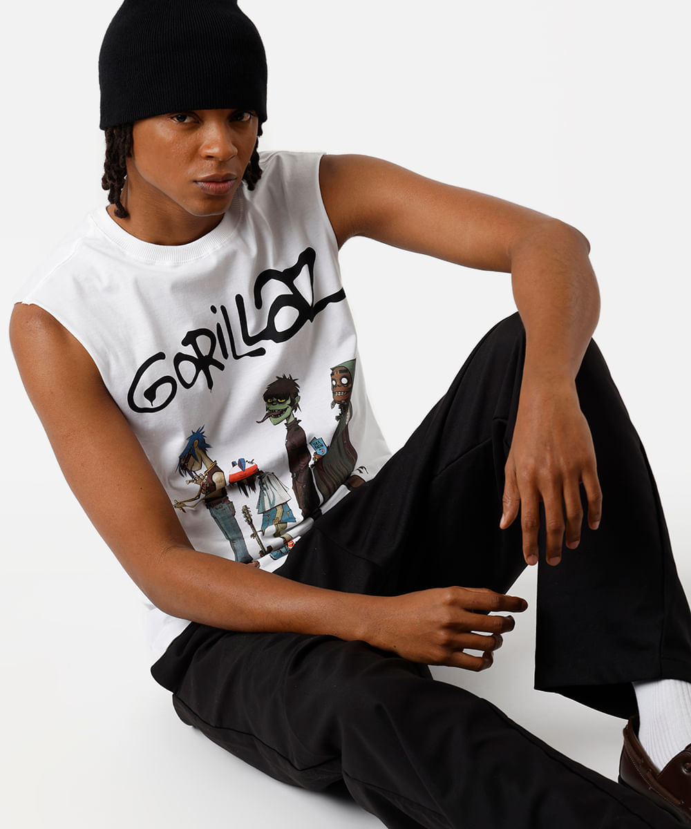 regata machão masculina de algodão gorillaz off white