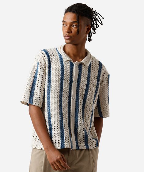 camisa masculina de tricot listrada azul