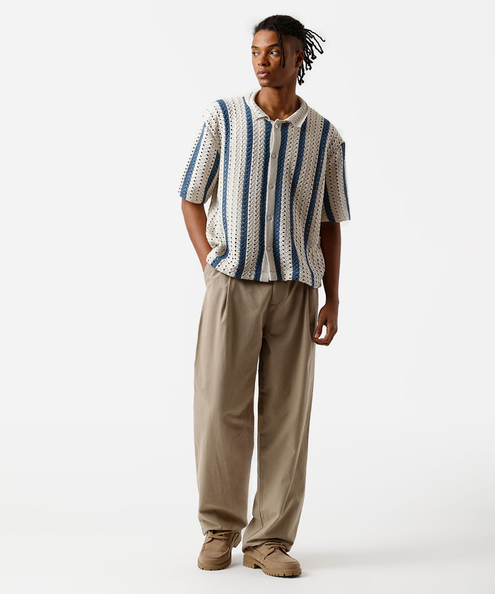 camisa masculina de tricot listrada azul