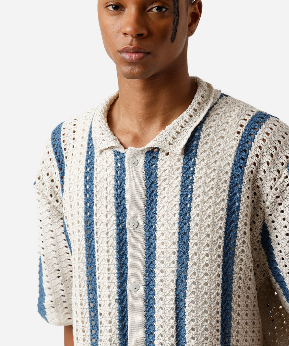 camisa masculina de tricot listrada azul