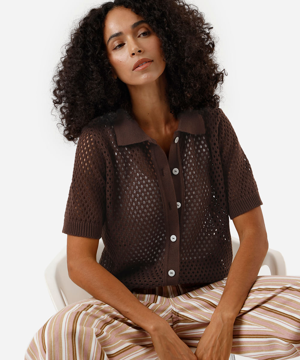 camisa feminina de tricot manga curta marrom