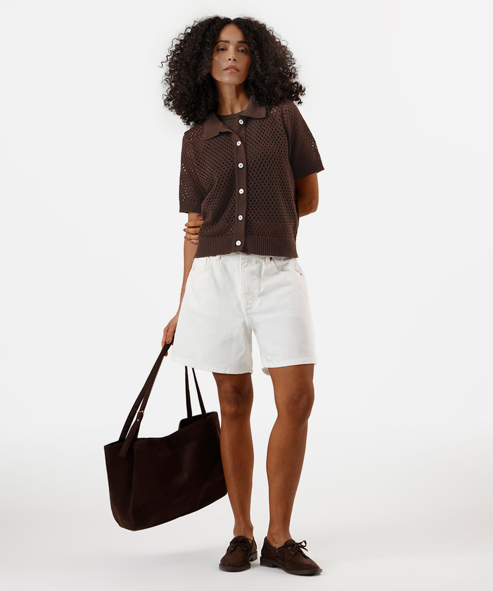 camisa feminina de tricot manga curta marrom