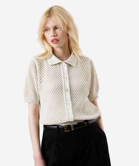 camisa feminina de tricot manga curta bege