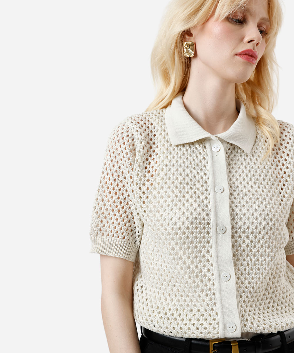camisa feminina de tricot manga curta bege