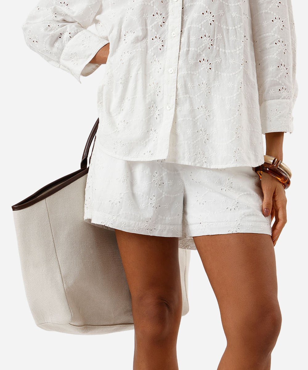 short feminino de laise cós elástico off white