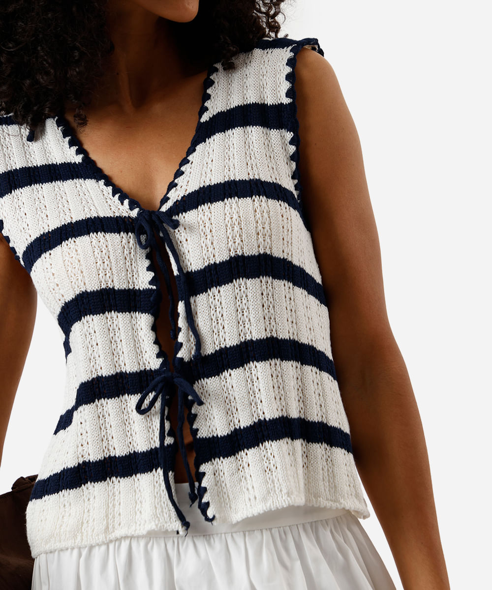 blusa feminina de tricot com laços listrada off white