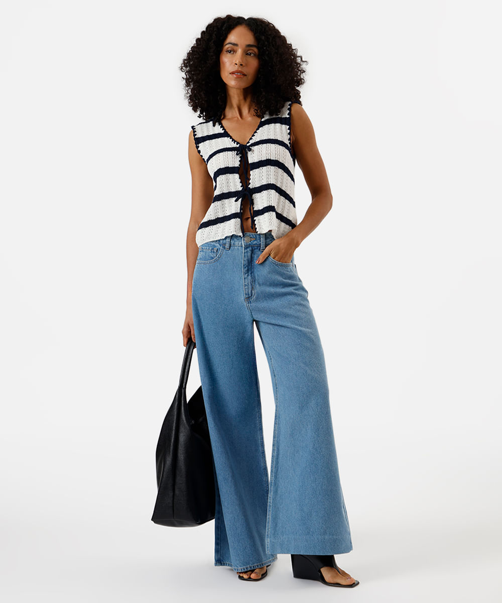 blusa feminina de tricot com laços listrada off white