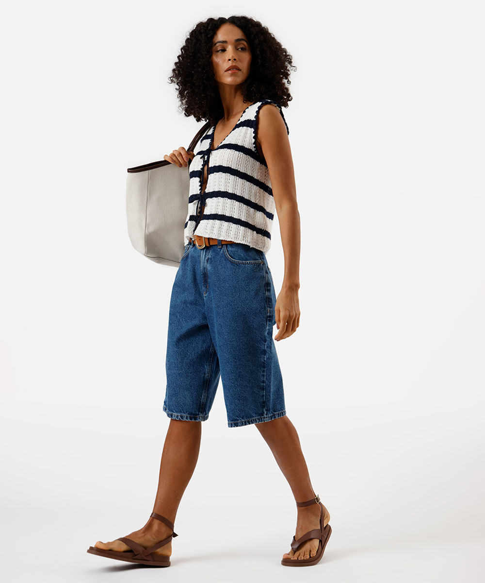 blusa feminina de tricot com laços listrada off white