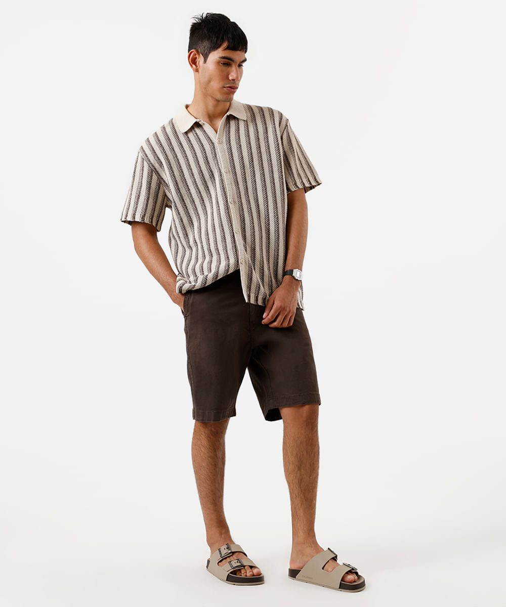 camisa masculina de tricot manga curta listrada marrom