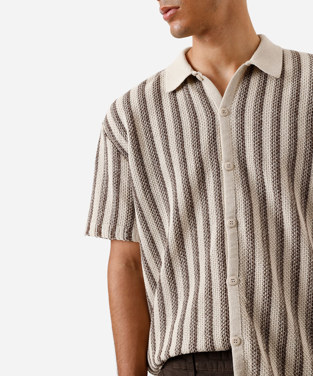 camisa masculina de tricot manga curta listrada marrom