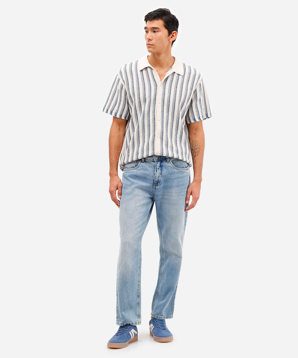 camisa masculina de tricot manga curta listrada azul