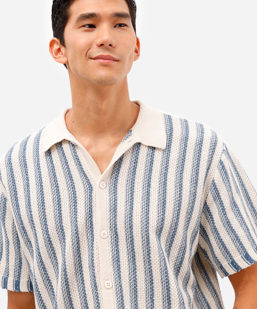 camisa masculina de tricot manga curta listrada azul