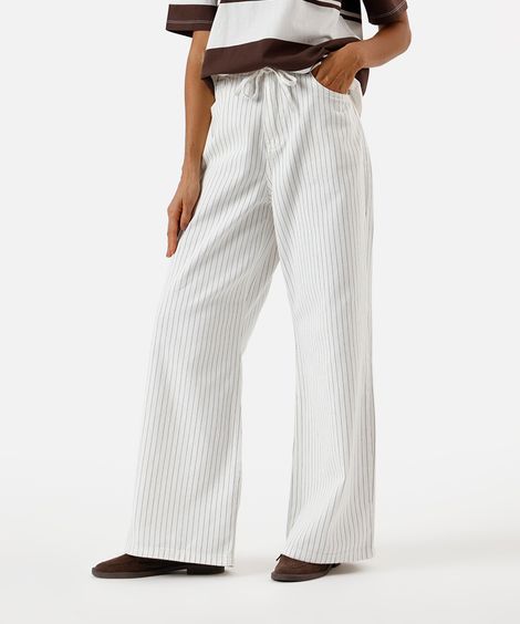 calça estilo pijama feminina de algodão cós elástico off white