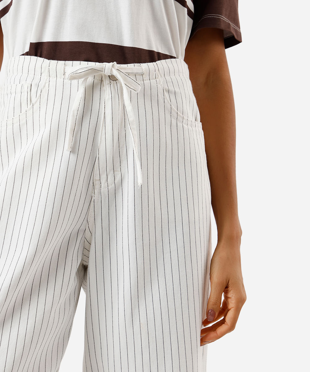 calça estilo pijama feminina de algodão cós elástico off white