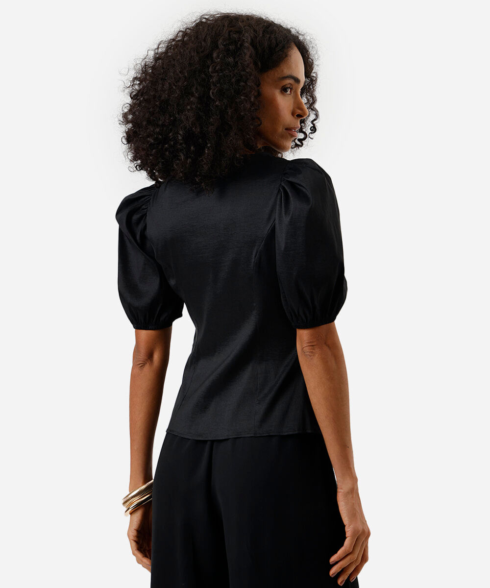 blusa feminina de tafetá manga bufante preta