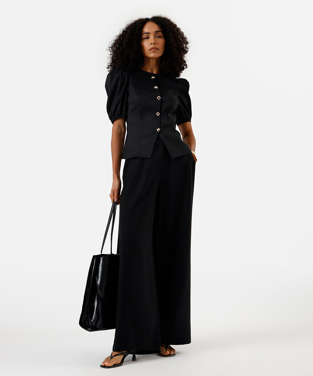 blusa feminina de tafetá manga bufante preta