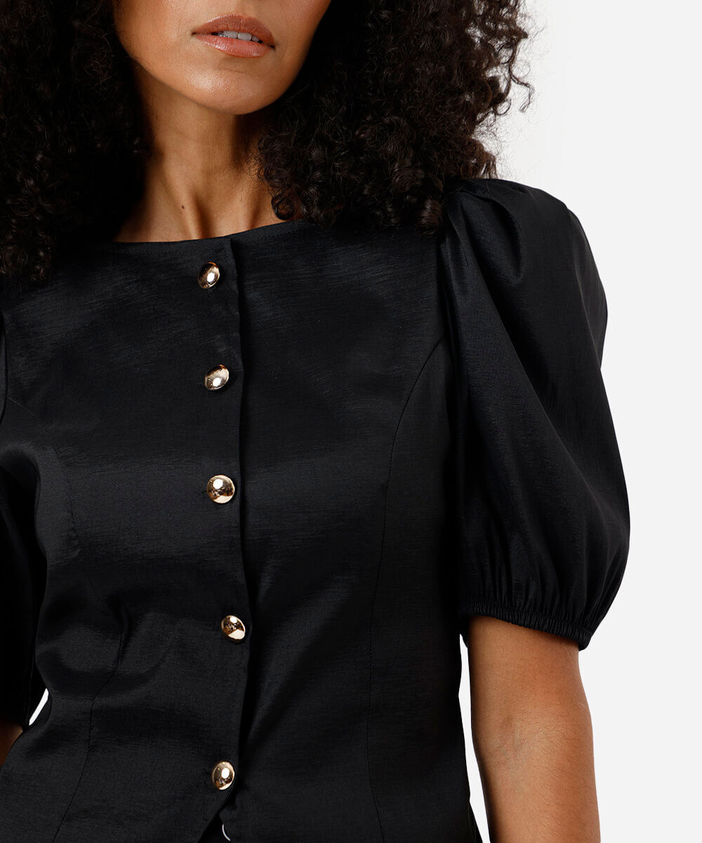 blusa feminina de tafetá manga bufante preta