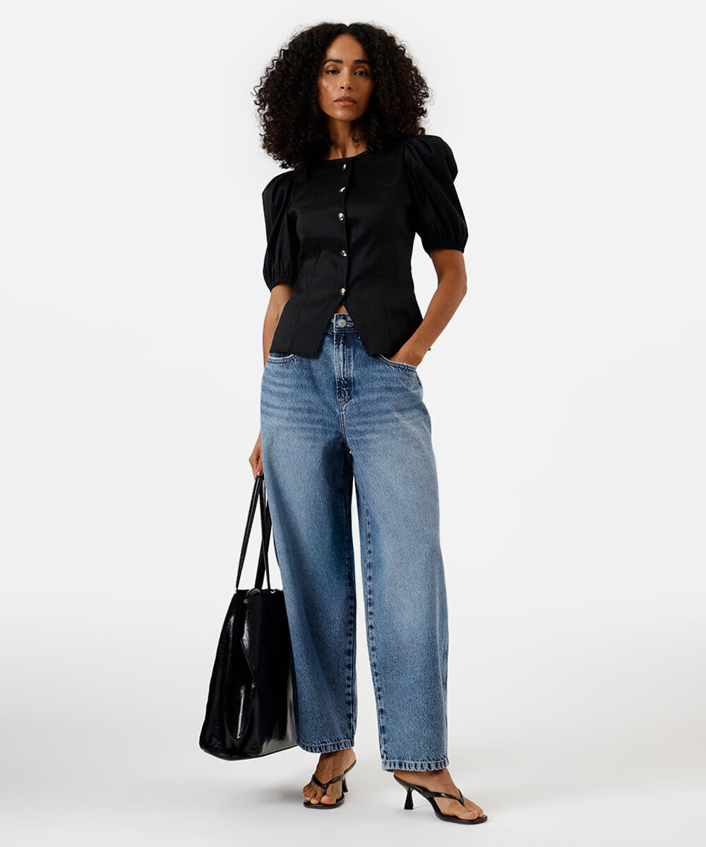 blusa feminina de tafetá manga bufante preta