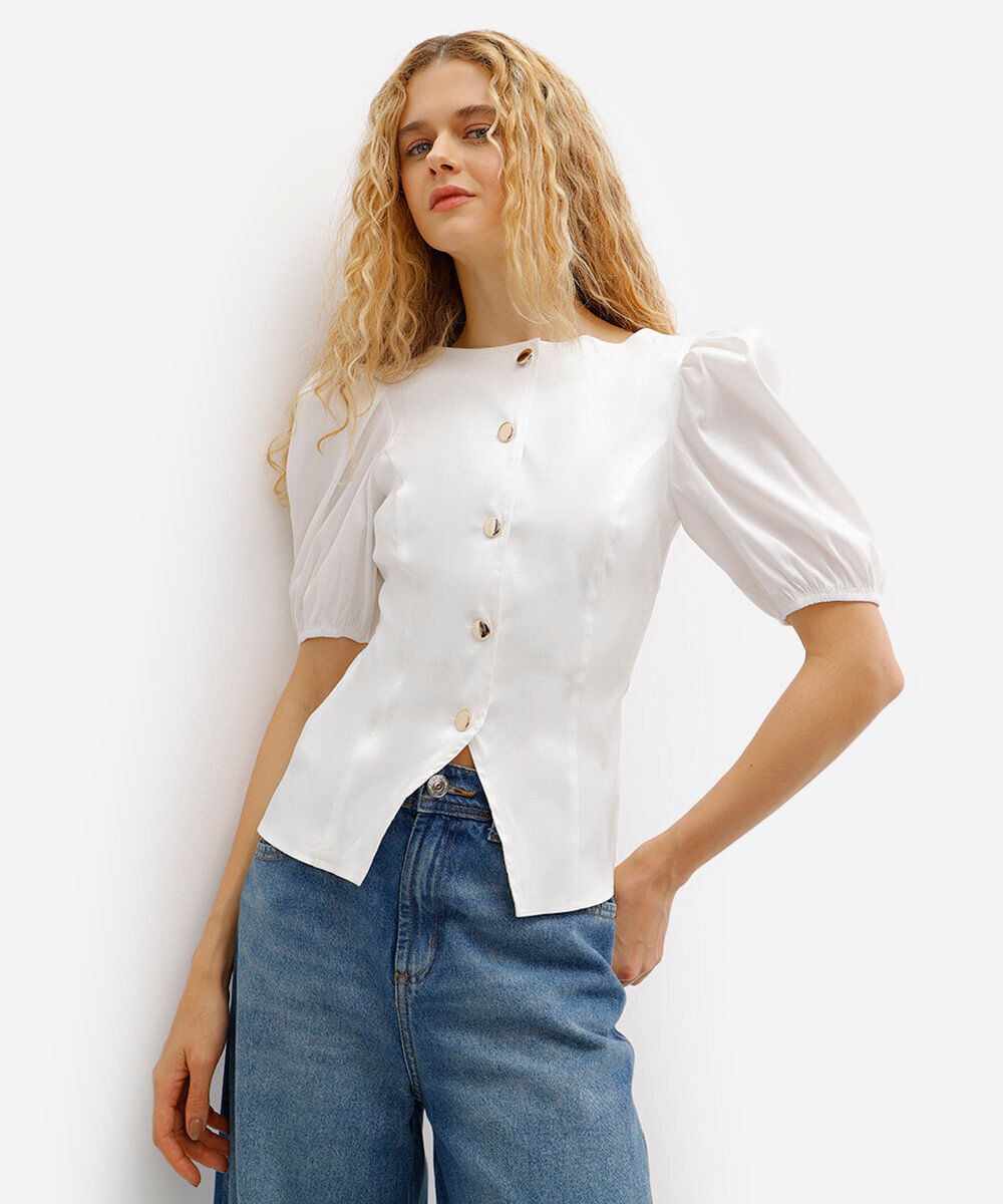 blusa feminina de tafetá manga bufante off white