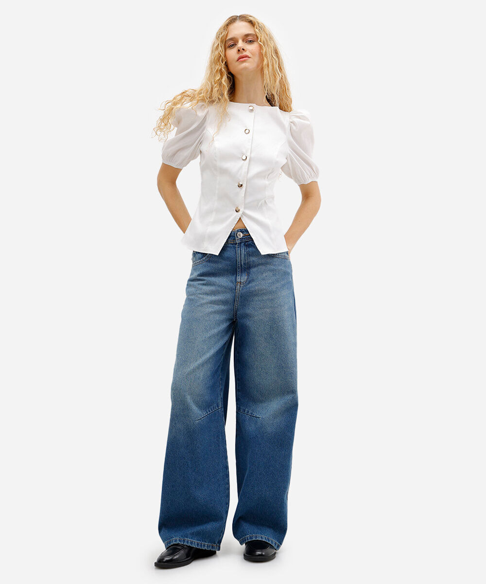 blusa feminina de tafetá manga bufante off white