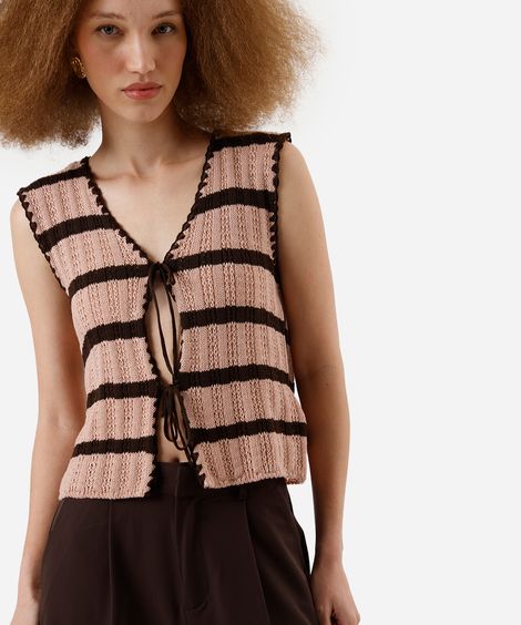blusa feminina de tricot com laços listrada rosa