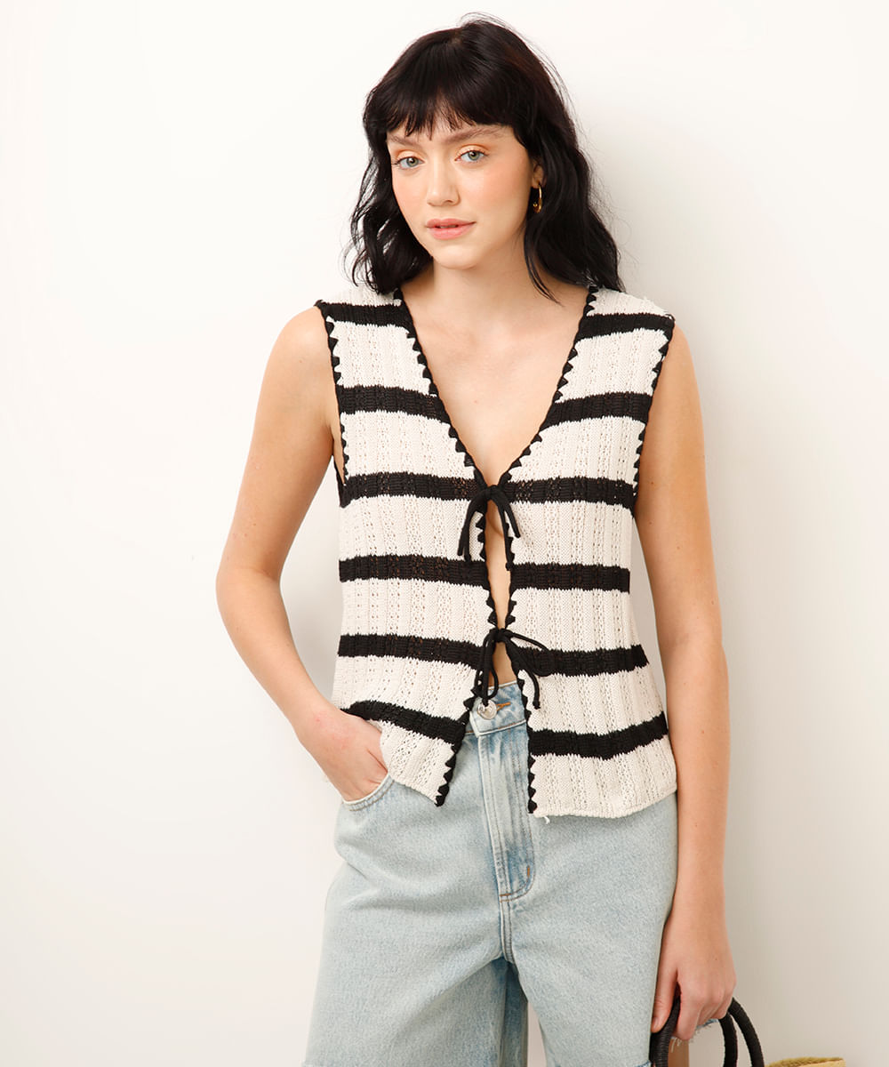 blusa de tricot com laços listrada off white