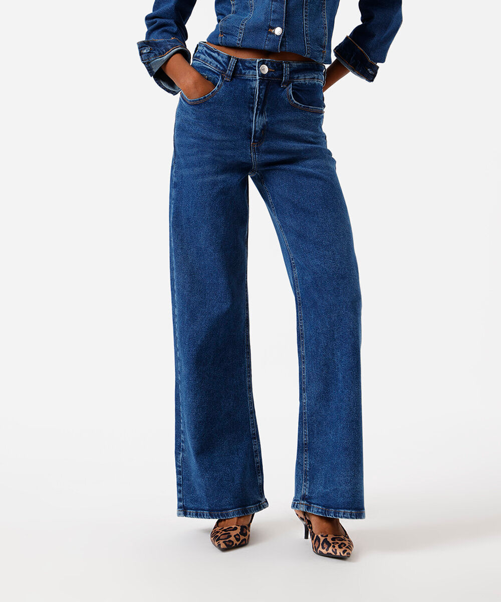 calça wide leg feminina jeans barra desfiada azul