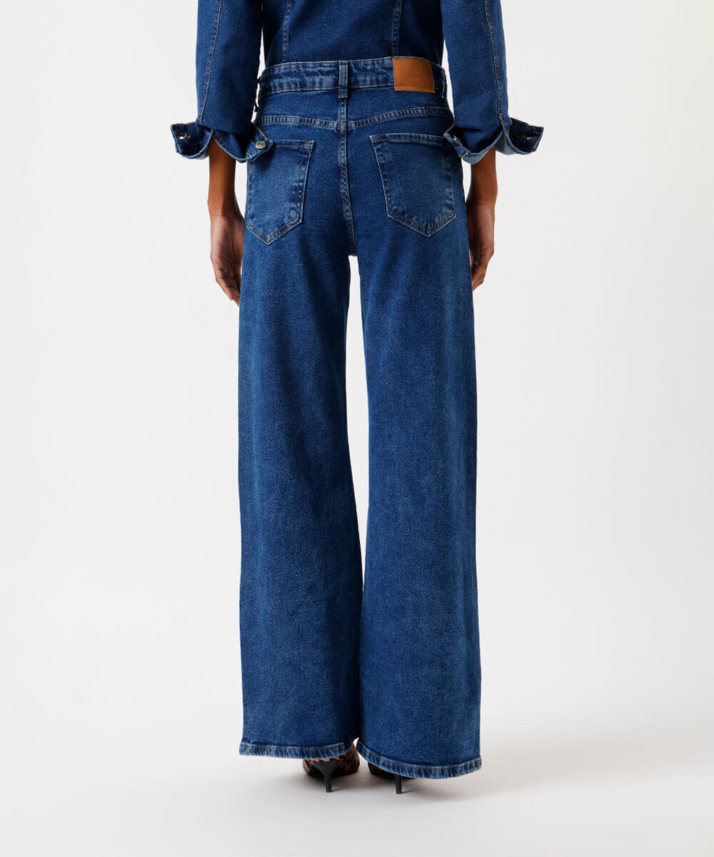 calça wide leg feminina jeans barra desfiada azul