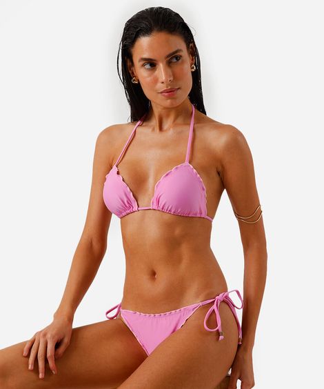 biquíni calcinha tanga com frufru e amarração rosa