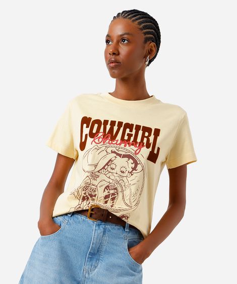 camiseta feminina de algodão betty boop texturizada amarela