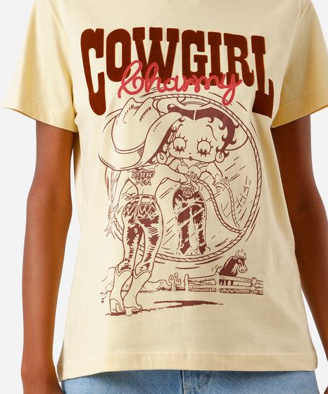 camiseta feminina de algodão betty boop texturizada amarela