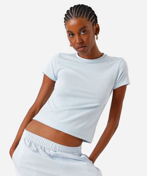 camiseta básica feminina de algodão manga curta azul
