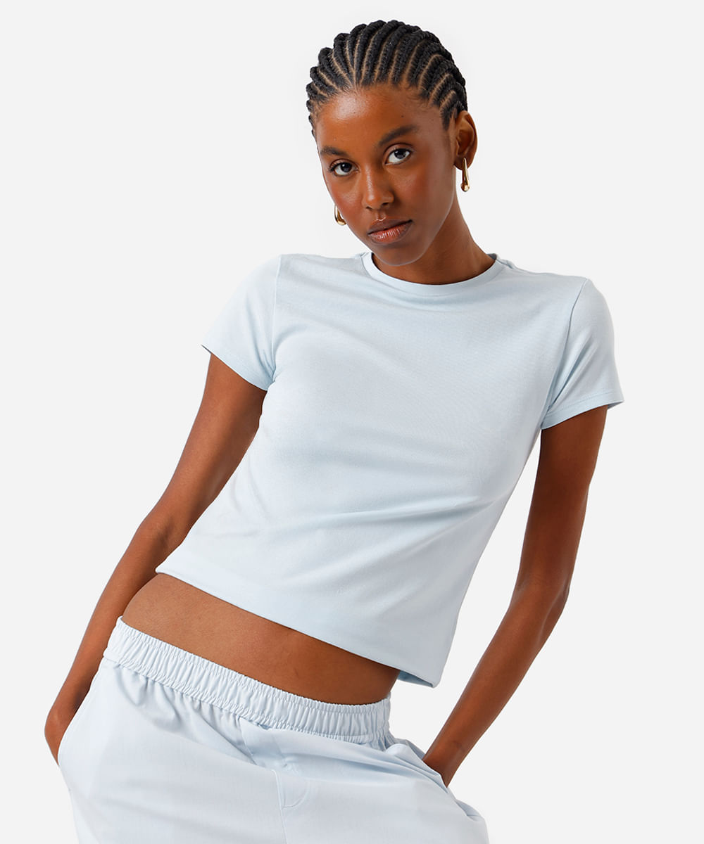 camiseta básica feminina de algodão peruano manga curta azul