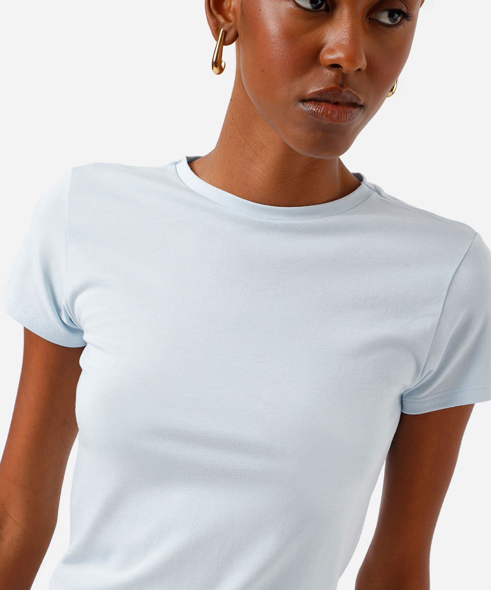 camiseta básica feminina de algodão peruano manga curta azul