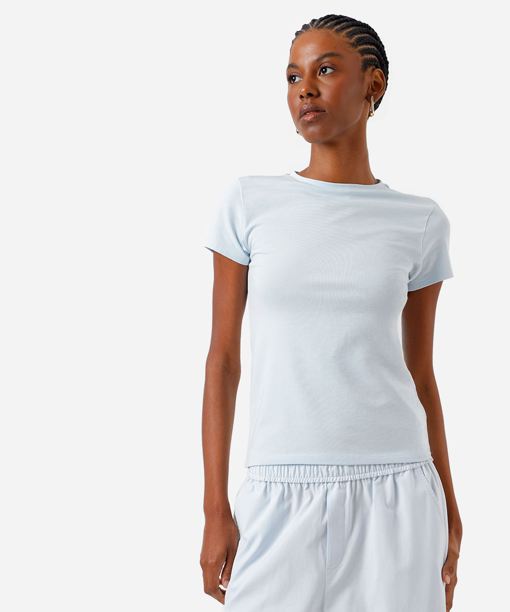 camiseta básica feminina de algodão peruano manga curta azul