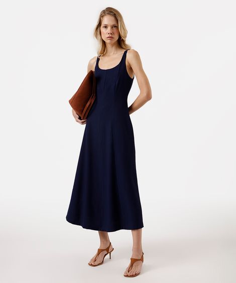 vestido midi feminino de viscose evasê com recortes azul