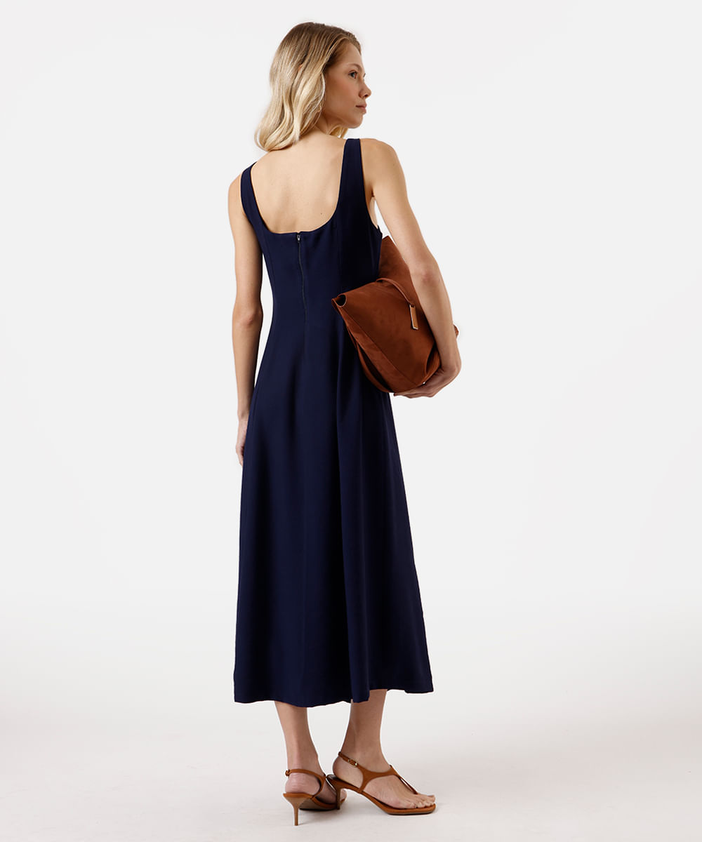 vestido midi feminino de viscose evasê com recortes azul