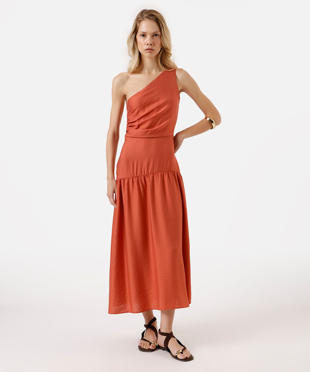 vestido midi feminino ombro único com recorte franzido laranja