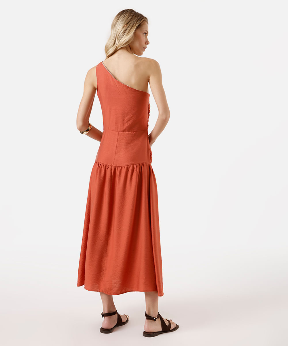 vestido midi feminino ombro único com recorte franzido laranja