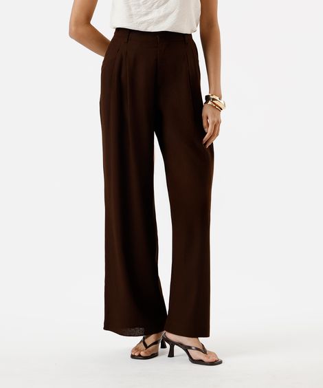 calça wide leg feminina de alfaiataria com linho e pregas marrom