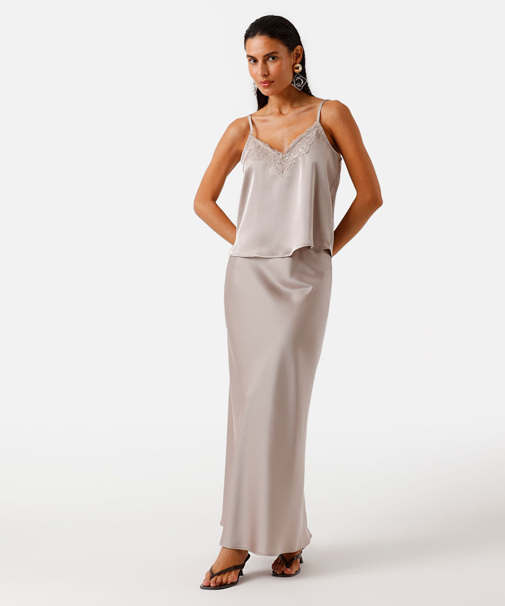 regata alça fina feminina com renda acetinada cinza