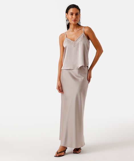 saia longa feminina evasê acetinada cós elástico cinza