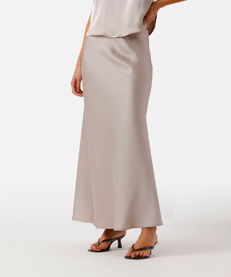 saia longa feminina evasê acetinada cós elástico cinza